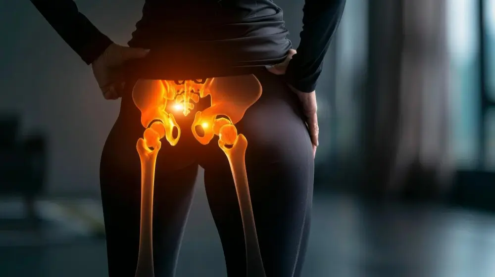 Illustration of Direct Anterior Approach (DAA) Hip Replacement showing a minimally invasive muscle-sparing hip surgery technique.